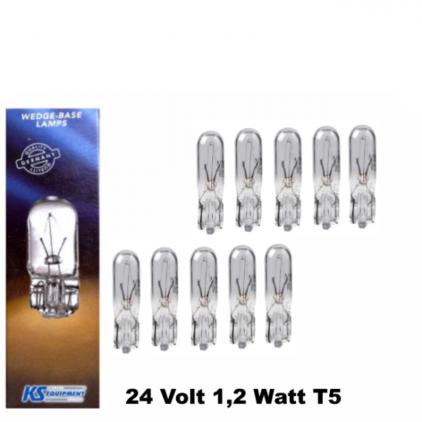 10 Stück KS Equipment Glassockellampe 24 Volt 1,2 Watt T5 W2x4,6d