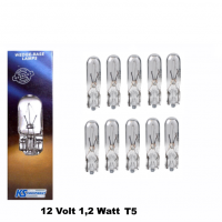 10 Stück KS Equipment Glassockellampe 12 Volt 1,2 Watt T5 W2x4,6d